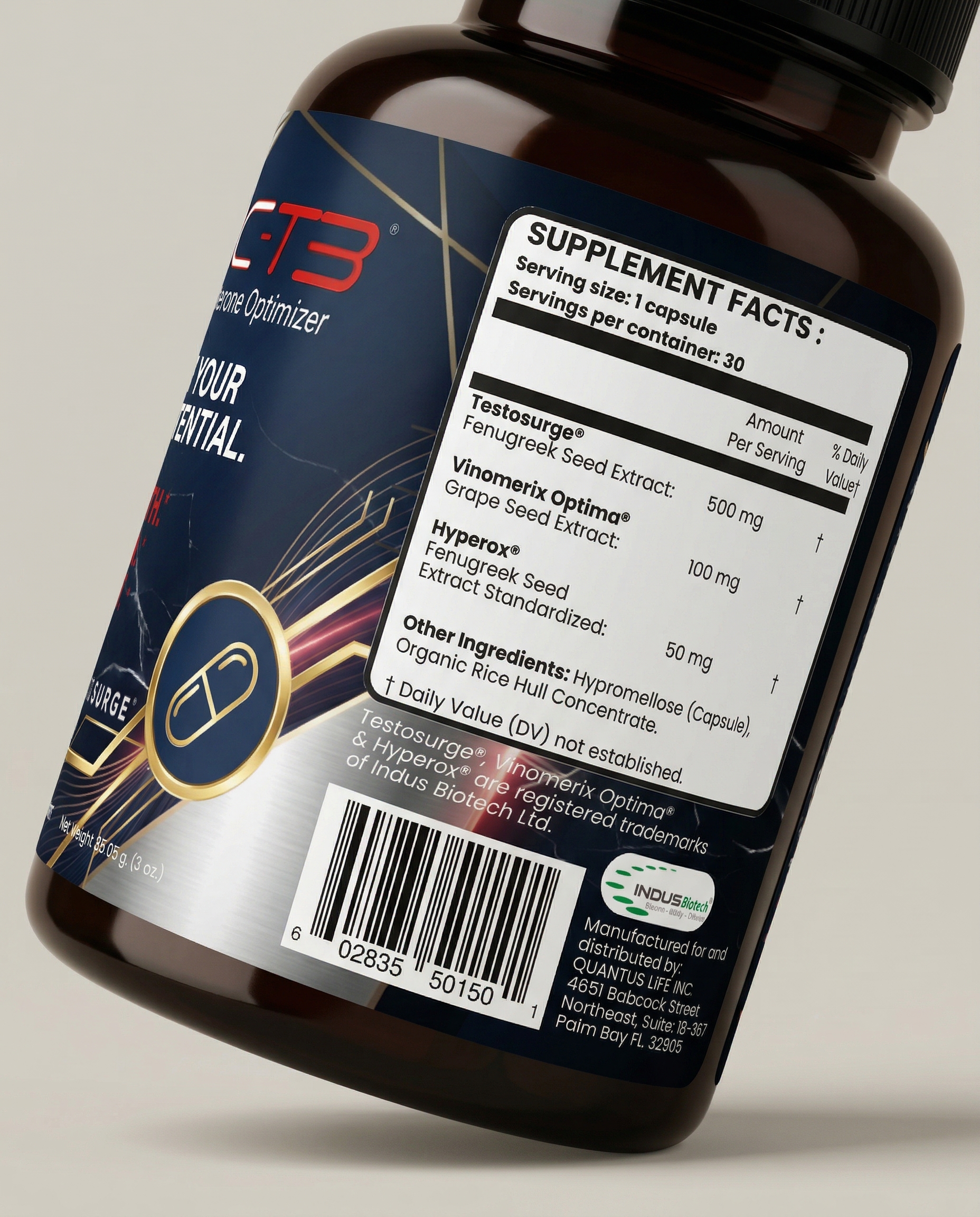 Epic T3 Testosterone Optimizer supplement bottle featuring Testosurge fenugreek seed extract by Quantus Life